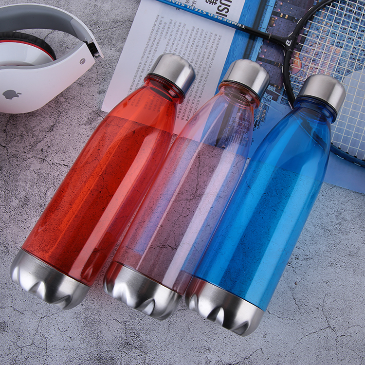 In stock BPA free Competitive Price Eco-friendly  680ml plastic cola shape water bottle with sports metal lid and bottom