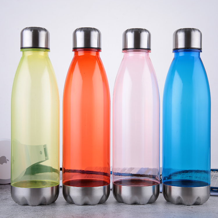 In stock BPA free Competitive Price Eco-friendly  680ml plastic cola shape water bottle with sports metal lid and bottom