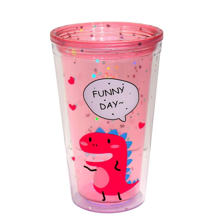 LOW MOQ multi color Plastic Acrylic drinking cups 450ml Kids double wall dinosaur water cup with dome lid and straw