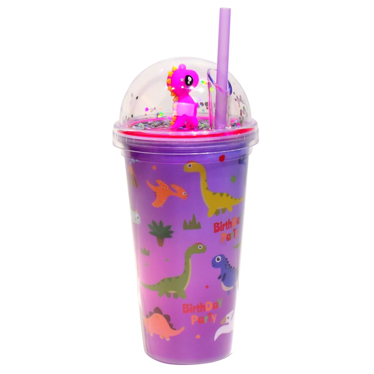 LOW MOQ multi color Plastic Acrylic drinking cups 450ml Kids double wall dinosaur water cup with dome lid and straw