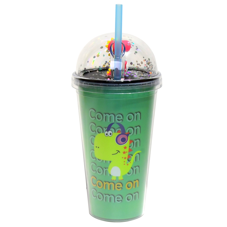 LOW MOQ multi color Plastic Acrylic drinking cups 450ml Kids double wall dinosaur water cup with dome lid and straw