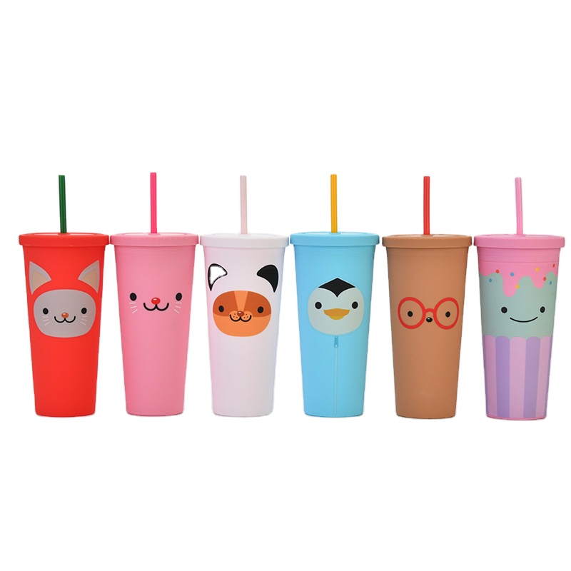 New Cartoon Logo Plastic Straw Cup Children's Double-layer Large-capacity Cup Frosted Matte Casual Cup