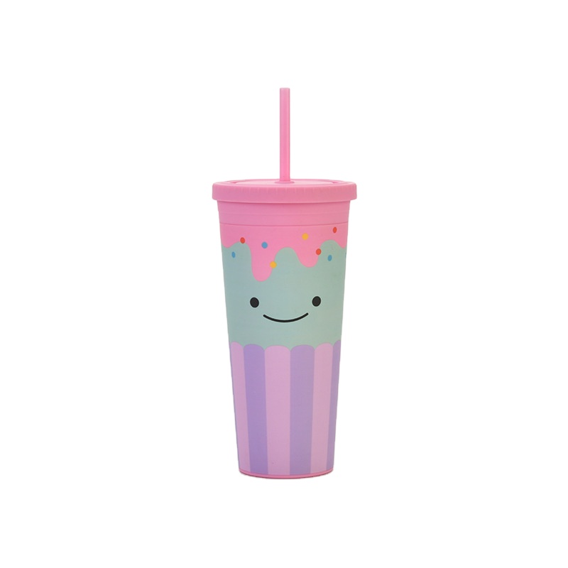 New Cartoon Logo Plastic Straw Cup Children's Double-layer Large-capacity Cup Frosted Matte Casual Cup