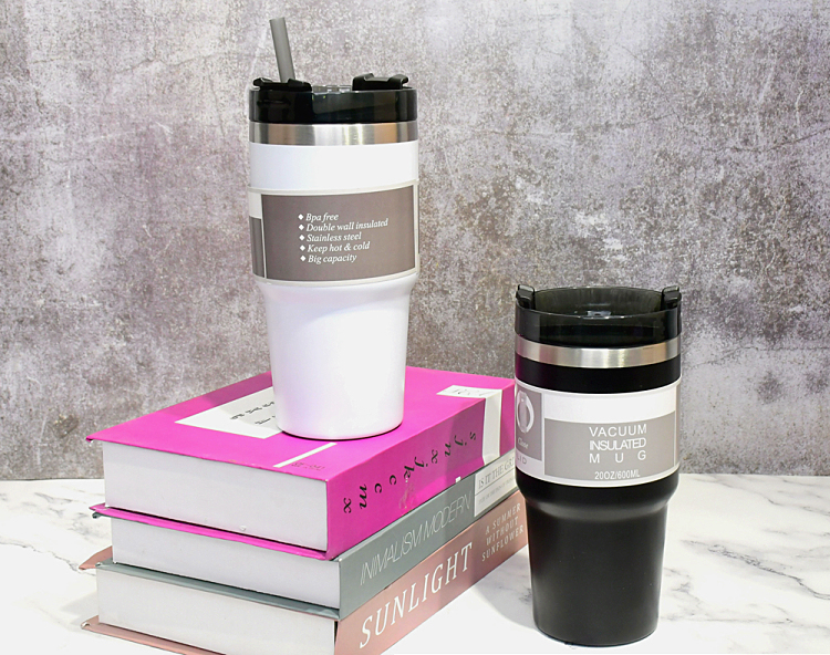 OEM/ODM Black White 20oz Double wall Vacuum Insulated termos stainless steel coffee mugs with straw and lid