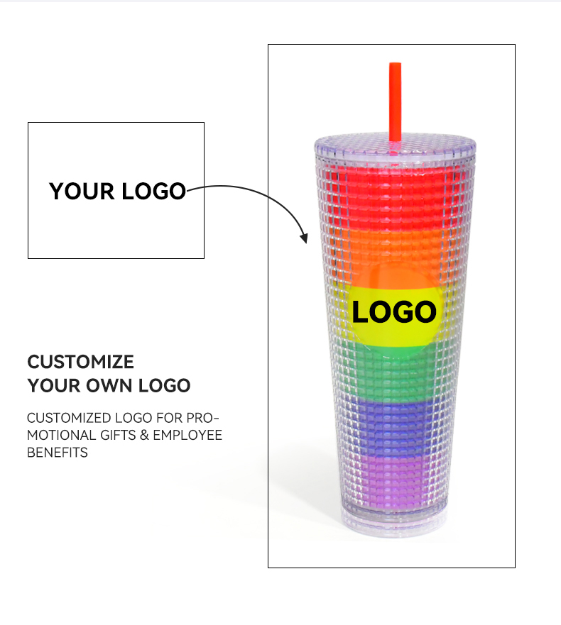 OEM/ODM FDA test 24oz drinkware bling Venti Double Wall Plastic Grid Pineapple Straw Cup Tumbler With logo