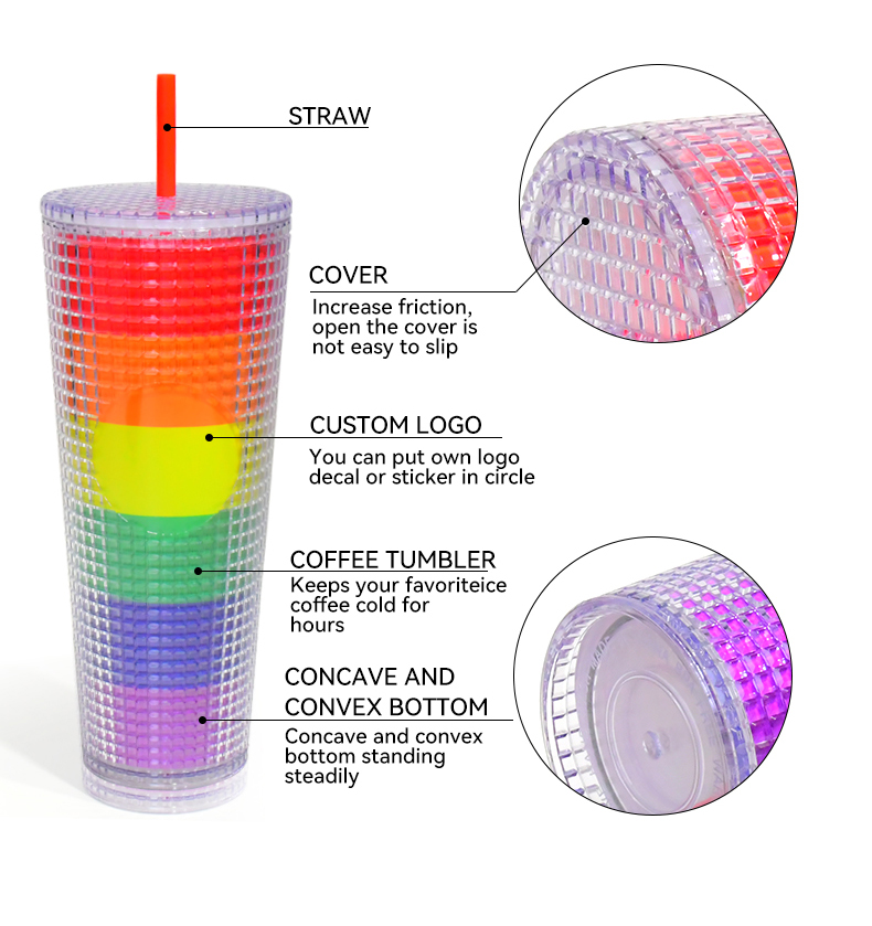 OEM/ODM FDA test 24oz drinkware bling Venti Double Wall Plastic Grid Pineapple Straw Cup Tumbler With logo