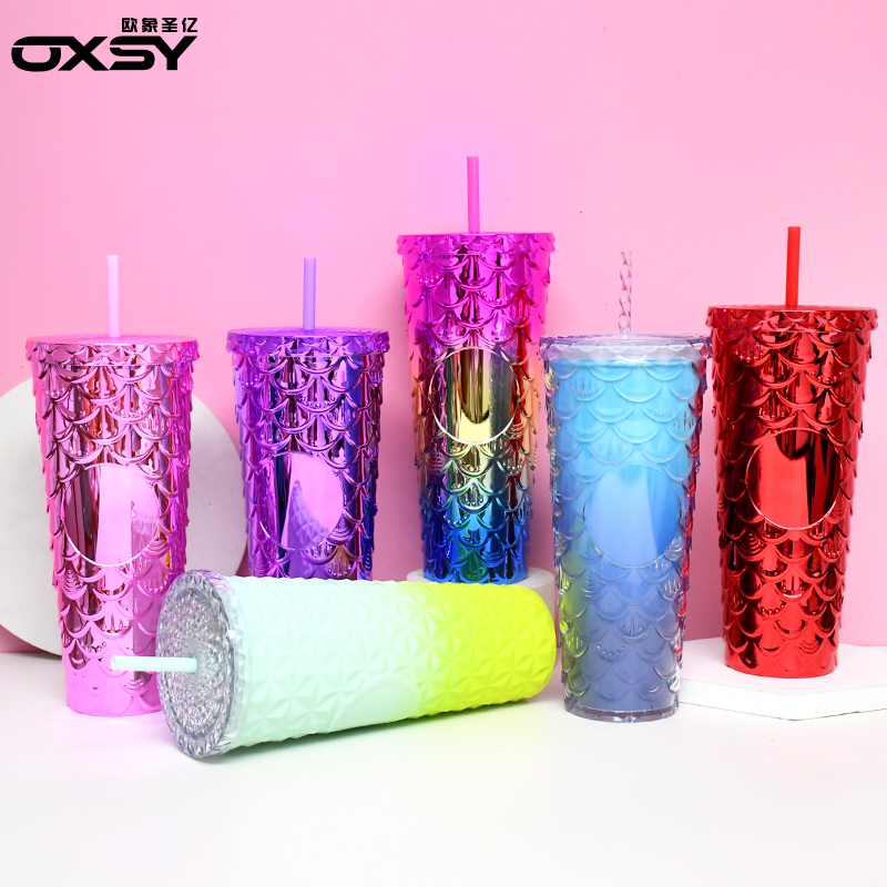 On-the-Go Wide Mouth Cupholder Friendly Travel Mug Acrylic Cold Studded Tumbler with Spill Resistant Lid