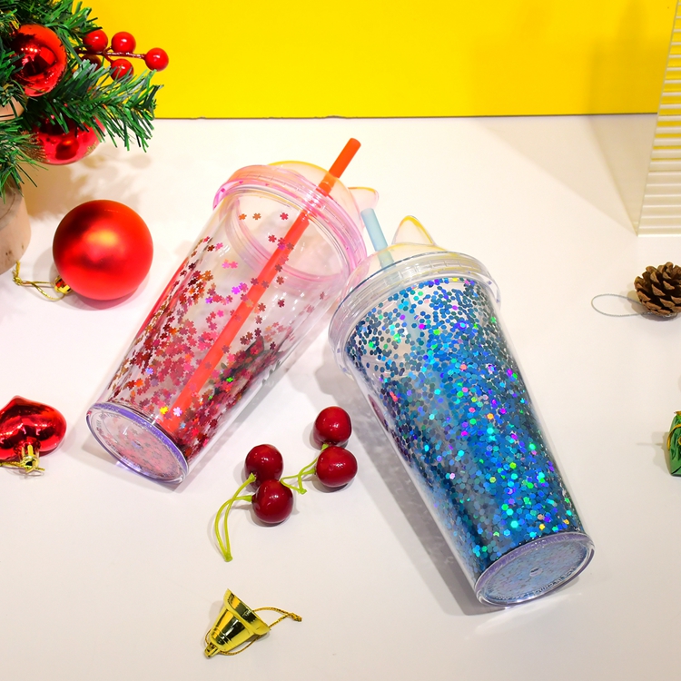 Personalized customized service BPA Free 400ml cute kids acrylic double wall Sparkling plastic tumbler with straw and ears lid