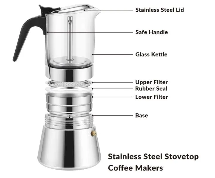 Glass-Top Stovetop Espresso Moka Pot - 4 / 6/ 9 Cups Stainless Steel Coffee Maker Kettle