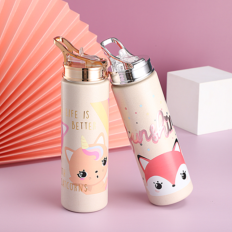 wholesale price 700ml custom Little fox pattern biodegradable wheat-straw plastic water bottle with Gold-plated lid