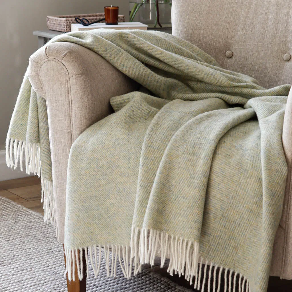 Pale Sage Green Herringbone Wool Blanket