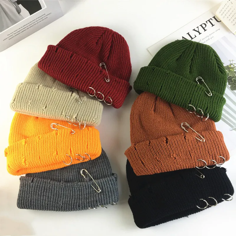 Beige High Quality Gothic Distressed Beanie Winter Knit Hats