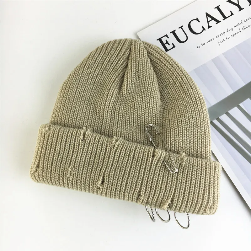 Beige High Quality Gothic Distressed Beanie Winter Knit Hats