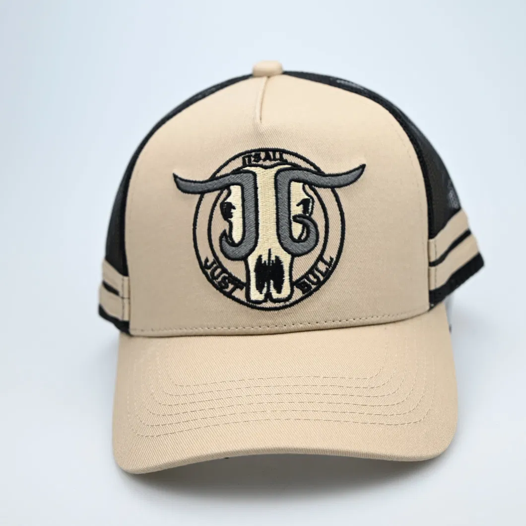 Custom 5 Panel Embroidery Logo Cotton 2 Stripes Trucker Cap