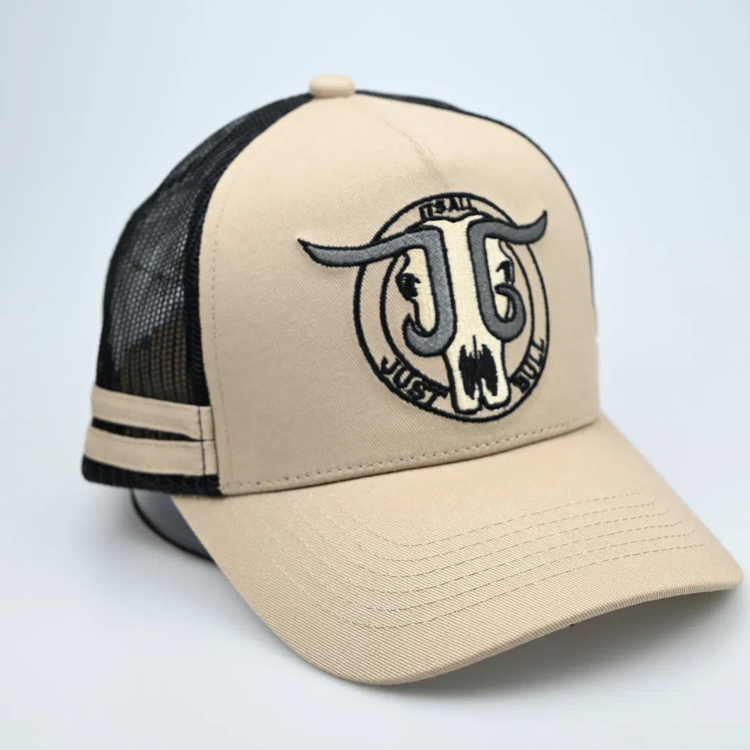 Custom 5 Panel Embroidery Logo Cotton 2 Stripes Trucker Cap