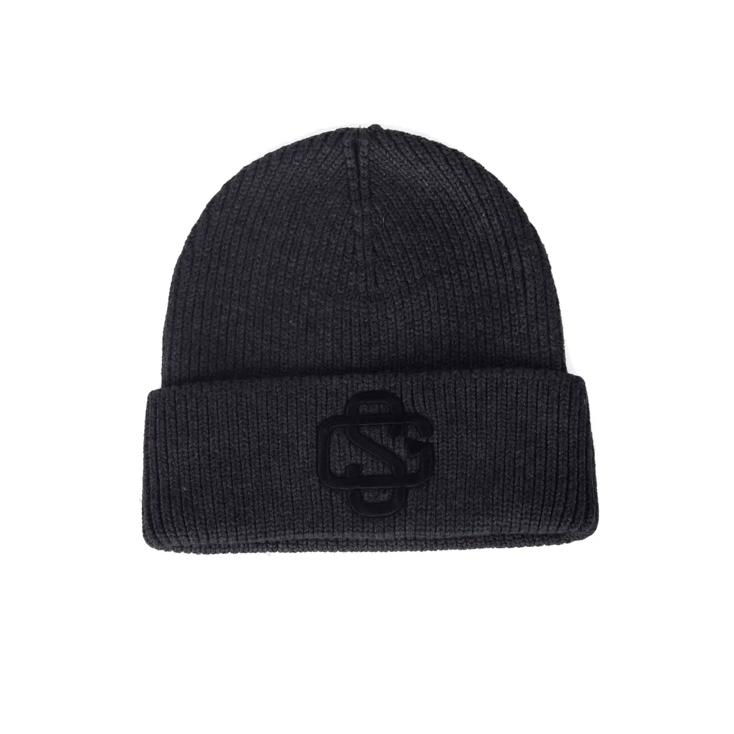 Custom Black Embroidery Logo Warm Knitted Hats Beanie