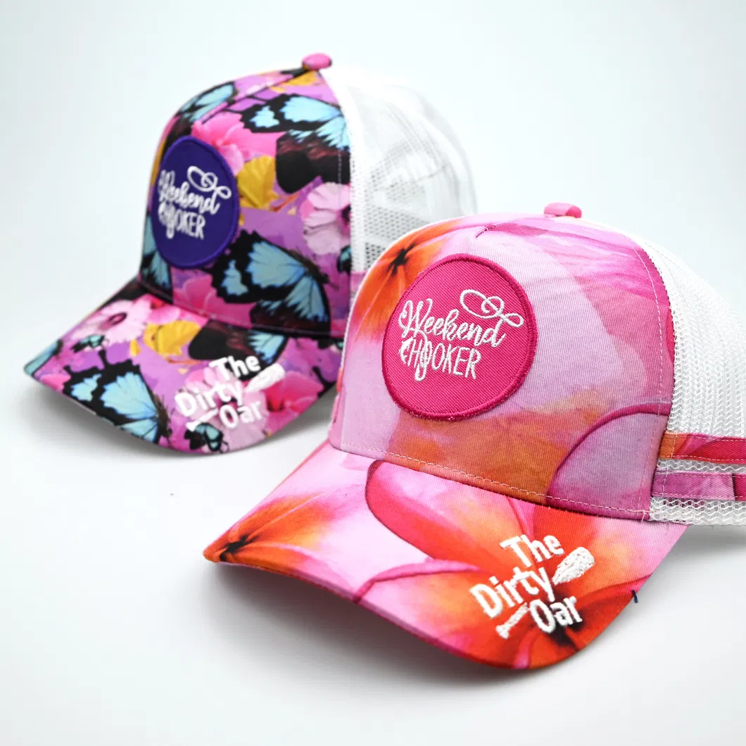 Custom Cotton 5 Panel Print Logo Trucker Hats Three Stripes Pink Mesh Back Caps