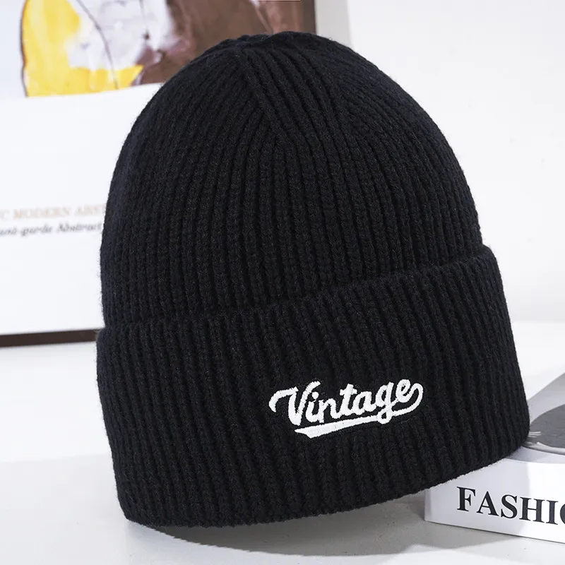 Custom Embroidery Unisex Acrylic Knit Cap Warm Winter Knit Hats Black Beanie