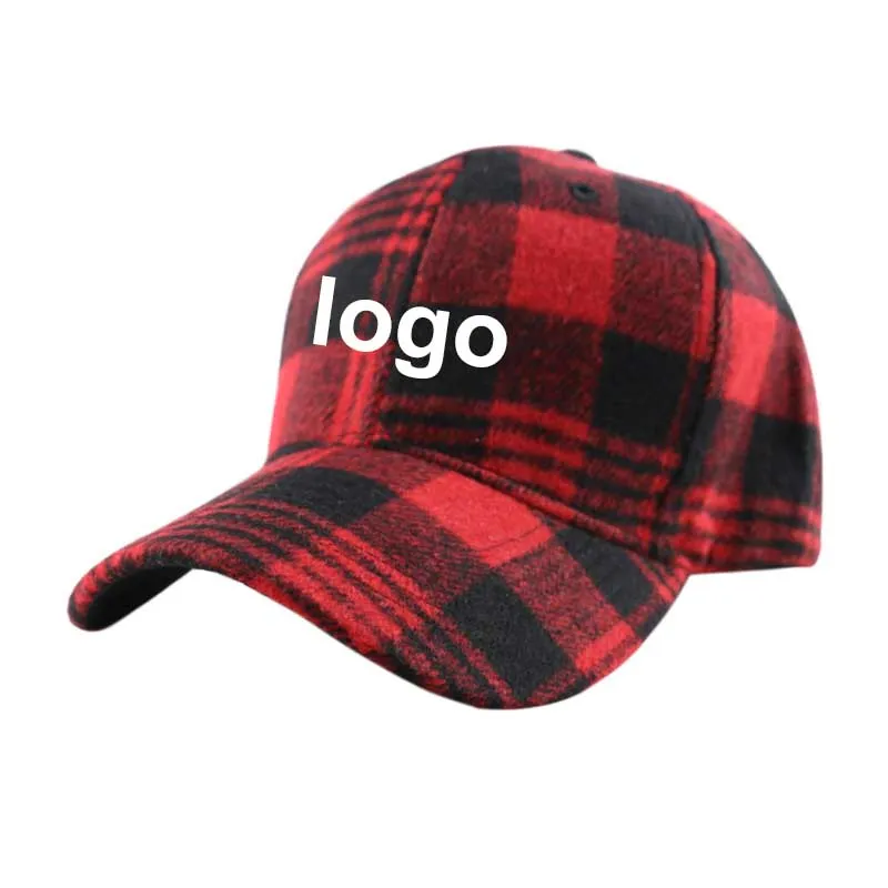 Custom Logo 2025 Winter Plaid Wool 6 Panel Baseball Cap for Men