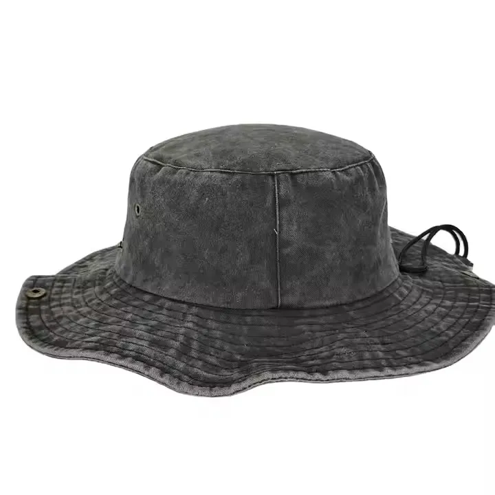 Custom Logo Black Wahed Cotton Sunshade String Fisherman Hat