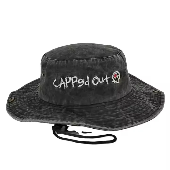 Custom Logo Black Wahed Cotton Sunshade String Fisherman Hat