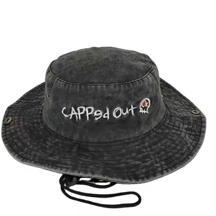 Custom Logo Black Wahed Cotton Sunshade String Fisherman Hat