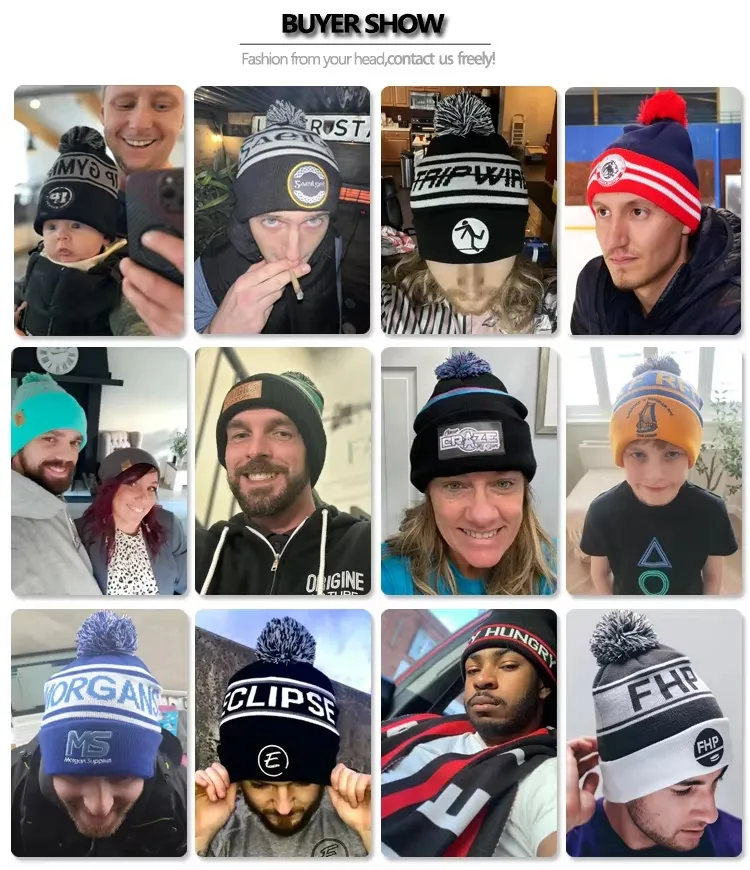 Custom Logo Popular Mens Pompom Hats Thick Windproof Acrylic Embroidery Sports Caps Knitted Bobble Hat Beanie