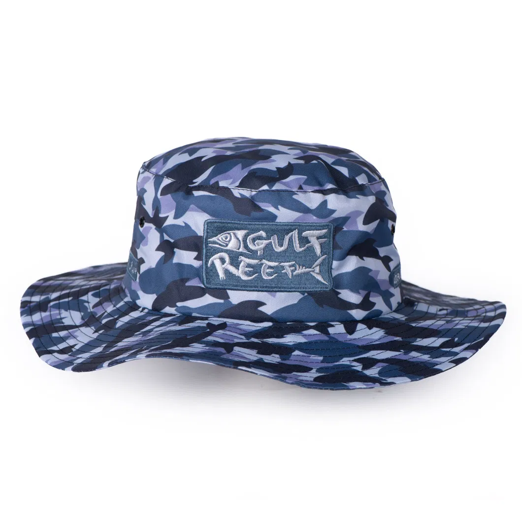 Custom Printed Logo 100% Cotton Summer Outdoor Flat Top Wide Brim Fisherman Camo Bucket Hat with String