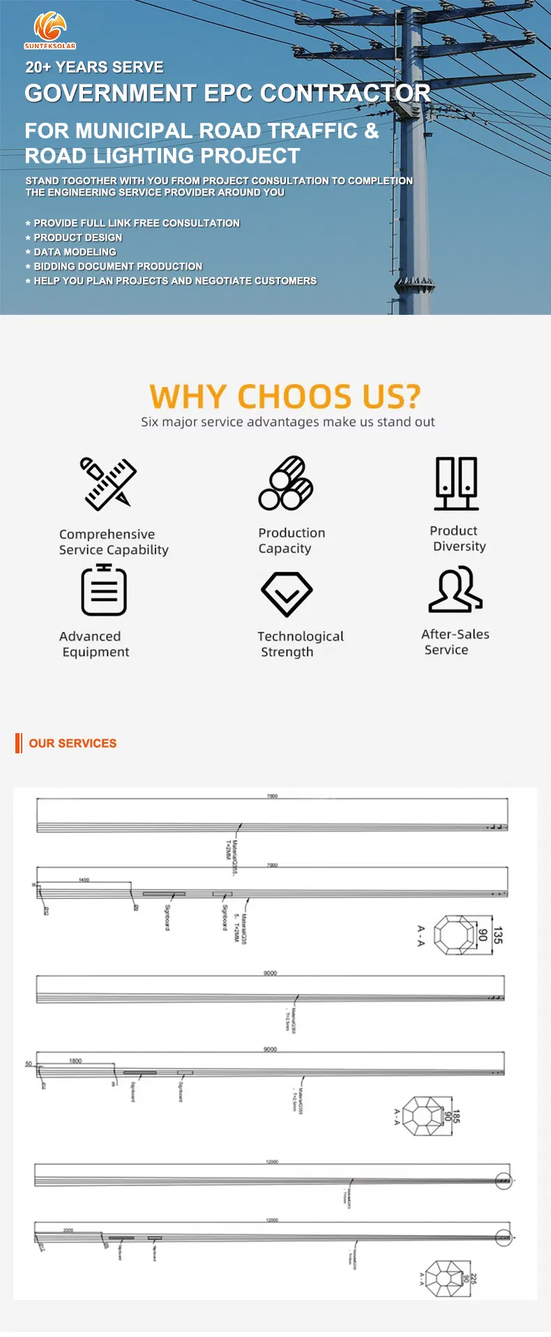 3m-8m Street Post Polygonal Electrical Traffic Light Pole