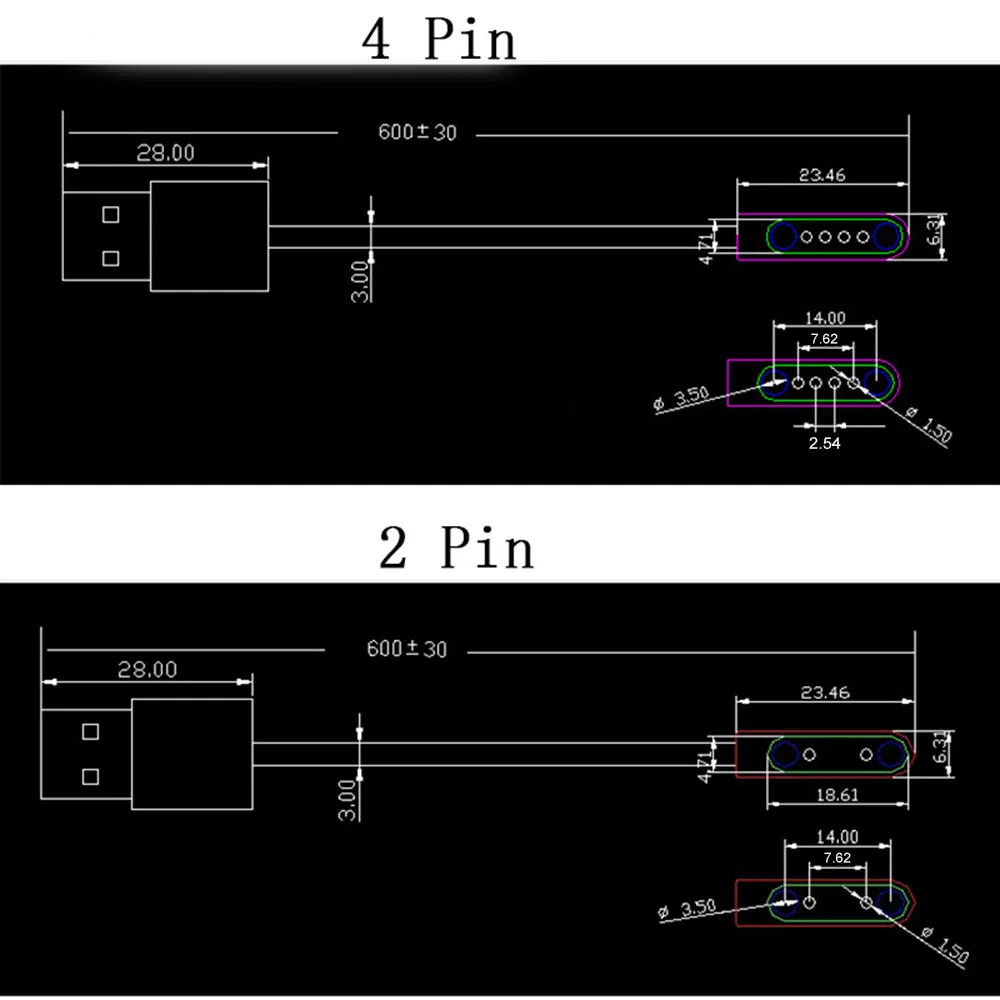 Magnetic 2pin 7.62mm space 1 Meter length USB charging cable for Kids Elderly GPS Watch Mini GPS Trackers C01