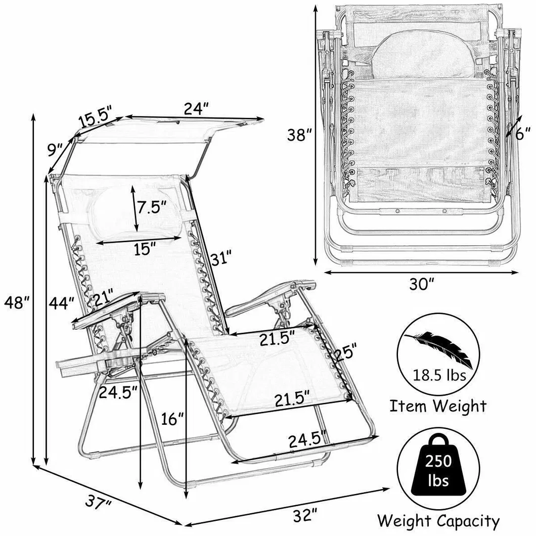 Patiojoy Folding Recliner Zero Gravity Lounge Chair with Shade Canopy Cup Holder