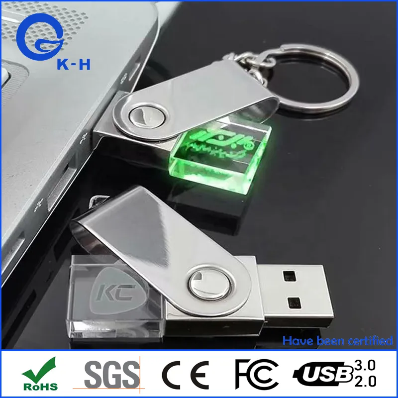 Custom 3D Logo Glass Crystal USB Flash Disk 128GB Swivel