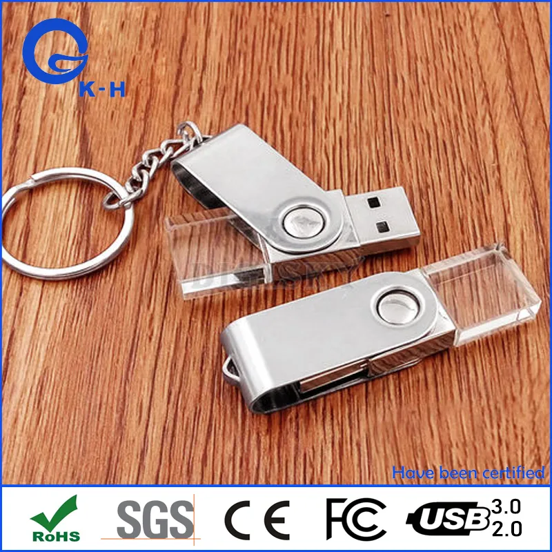 Custom 3D Logo Glass Crystal USB Flash Disk 128GB Swivel