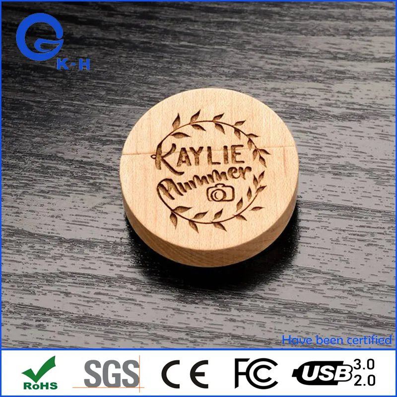 Etching Custom Logo Round Wooden USB 2.0 3.0 Flash Disk 16GB 32GB