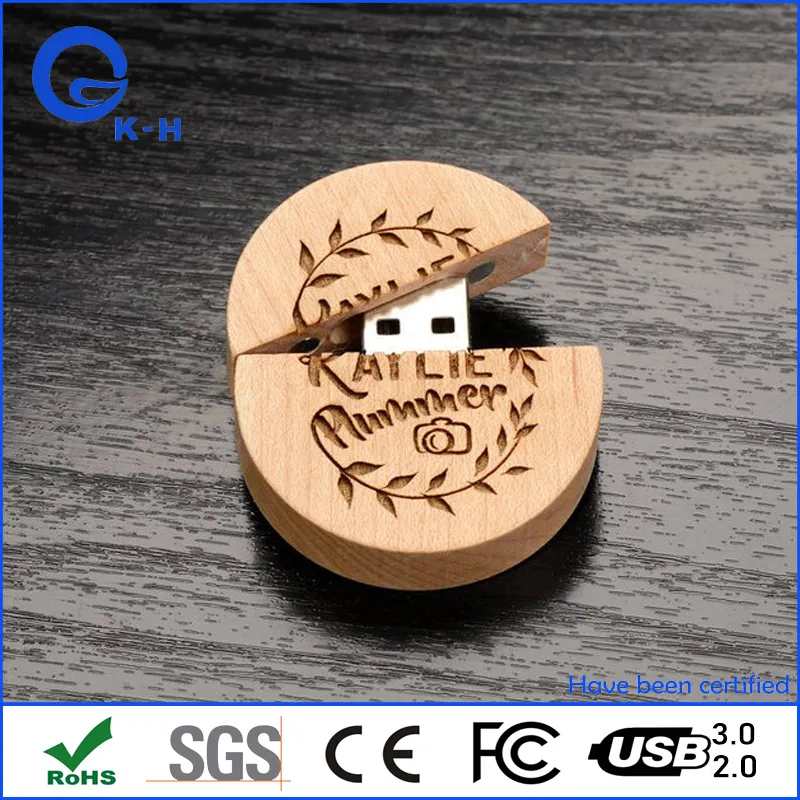 Etching Custom Logo Round Wooden USB 2.0 3.0 Flash Disk 16GB 32GB