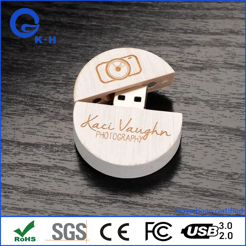 Etching Custom Logo Round Wooden USB 2.0 3.0 Flash Disk 16GB 32GB