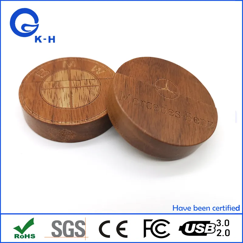 Etching Custom Logo Round Wooden USB 2.0 3.0 Flash Disk 16GB 32GB