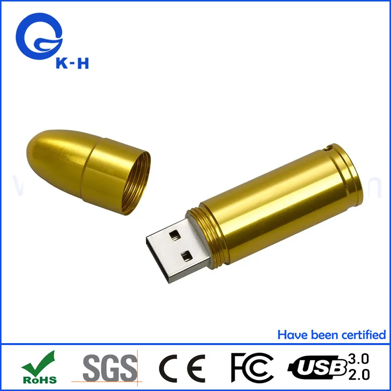 Factory Bulk Bullet Shape Golden Metal USB Flash Memory Stick