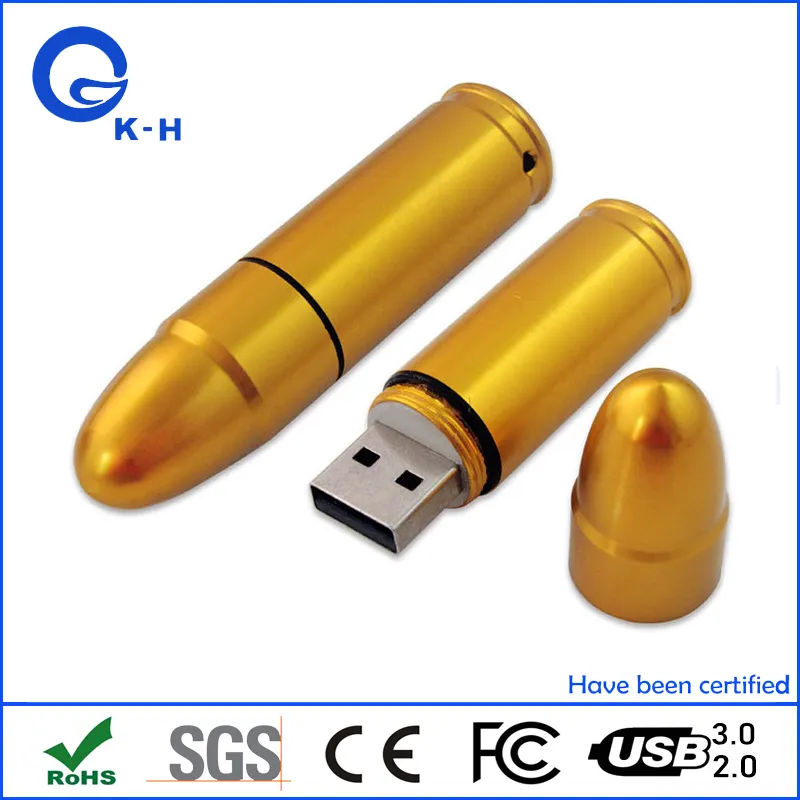 Factory Bulk Bullet Shape Golden Metal USB Flash Memory Stick