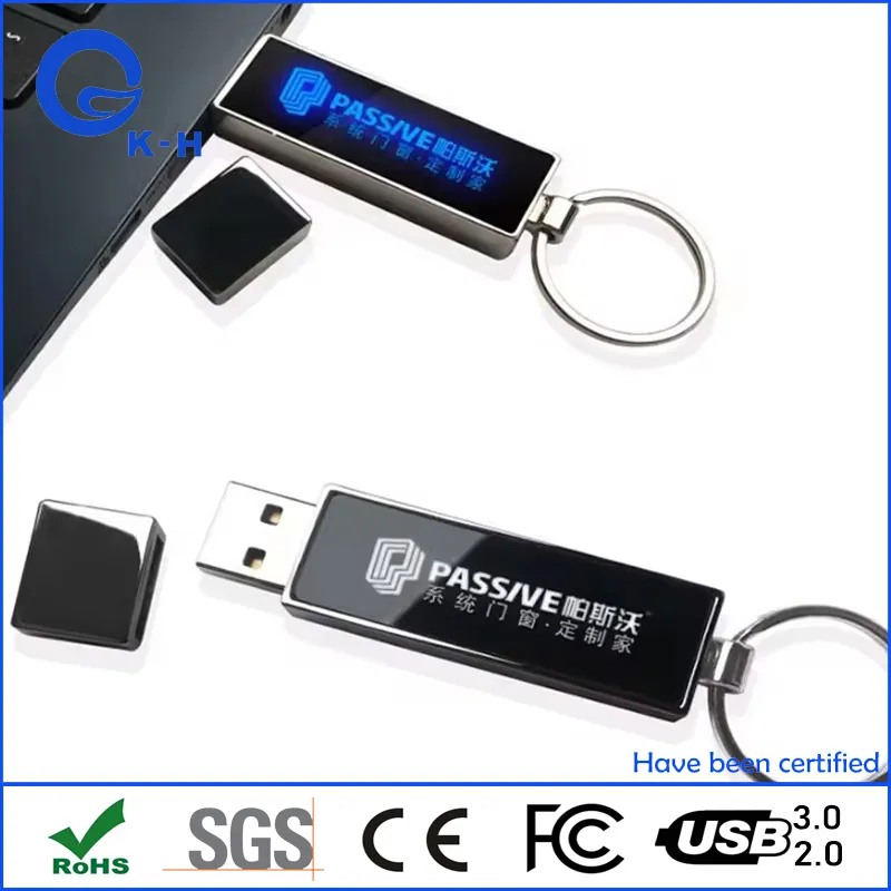 LED Promotion Gift Metal Keychain LED Glowing Logo USB Flash Memory Drive Custom Logo