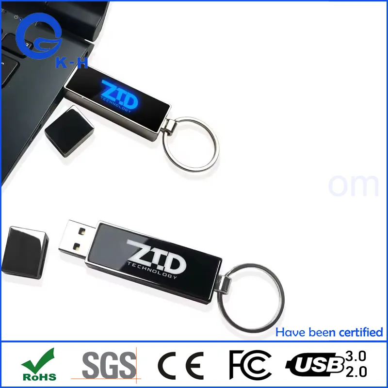 LED Promotion Gift Metal Keychain LED Glowing Logo USB Flash Memory Drive Custom Logo