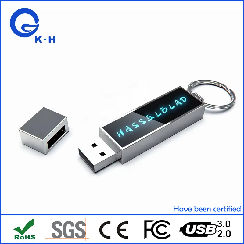 LED Promotion Gift Metal Keychain LED Glowing Logo USB Flash Memory Drive Custom Logo