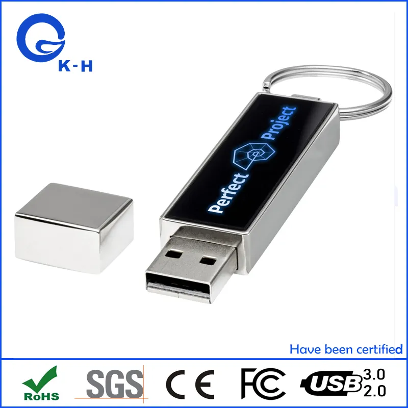 LED Promotion Gift Metal Keychain LED Glowing Logo USB Flash Memory Drive Custom Logo