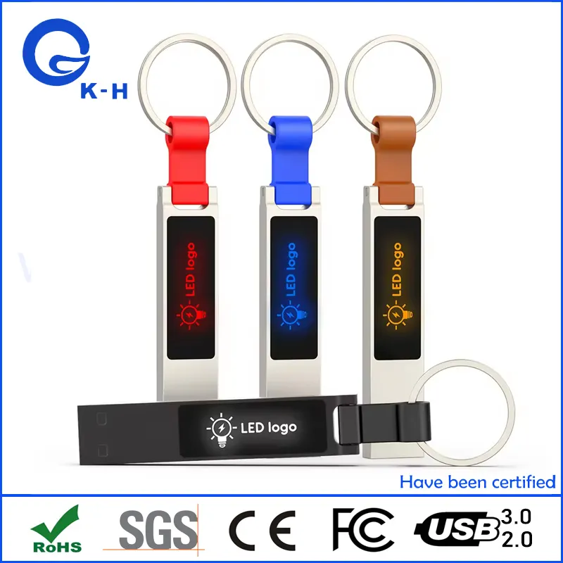 Mini Metal LED Logo Glowing USB Flash Memory Stick with Keyring