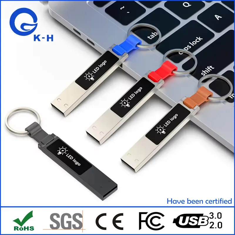 Mini Metal LED Logo Glowing USB Flash Memory Stick with Keyring