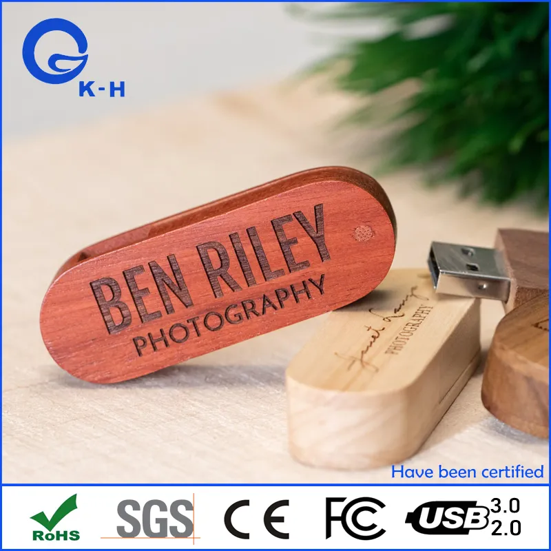 Promotional Gift Wooden Swivel Engraved USB Custom Logo Flash Memory Stick