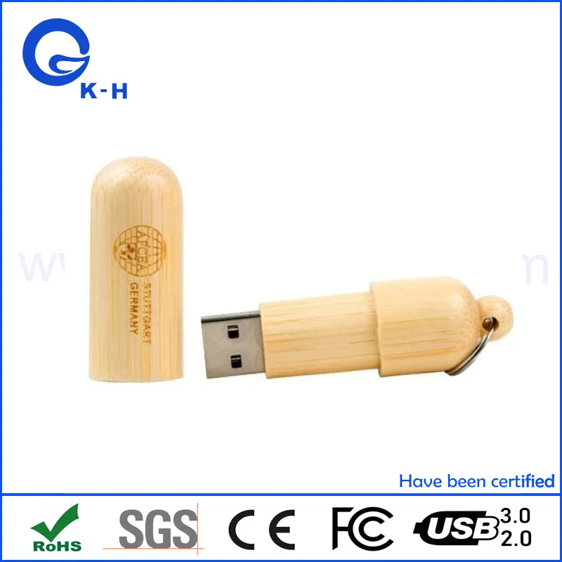 Round Bamboo Flash Memory USB Key with Etching Custom Logo 32GB 64GB