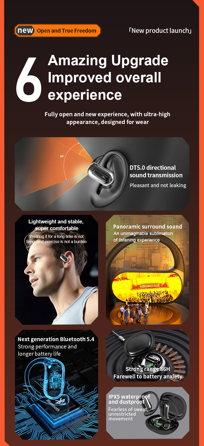 BT5.4 Earphone Waterproof Digital Display LCD Screen Touch Control Earbuds ENC ANC Open Ear Sport Earphone