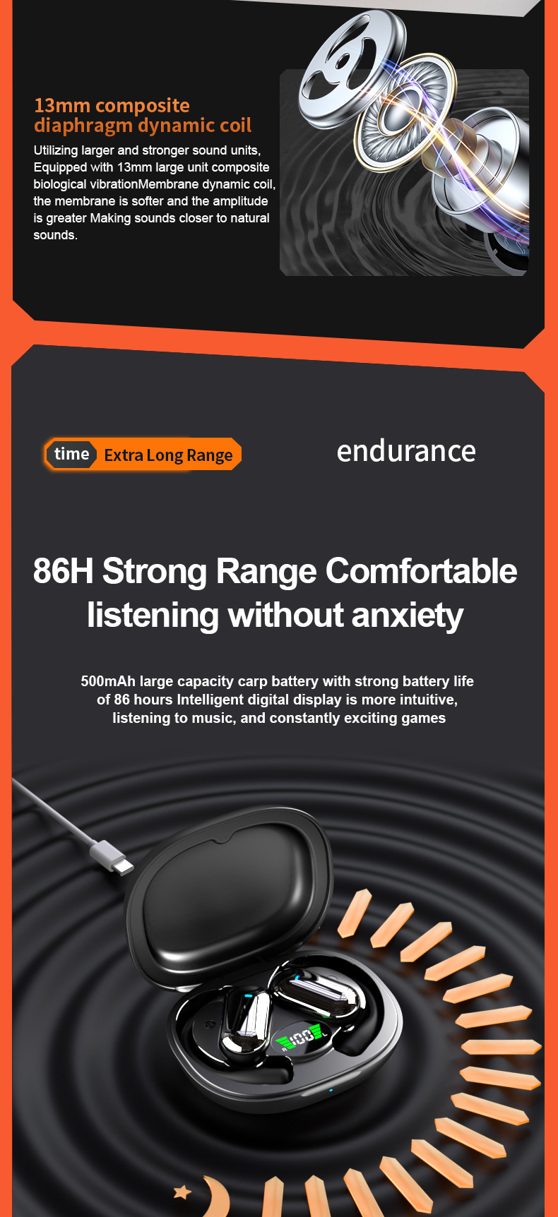 BT5.4 Earphone Waterproof Digital Display LCD Screen Touch Control Earbuds ENC ANC Open Ear Sport Earphone