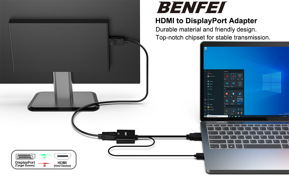 BENFEI HDMI to DisplayPort, Uni-Directional HDMI (Source) to DisplayPort (Display) Adapter 4K@60Hz/2K@144Hz/1080P@165Hz Export Manufacturing Efficiency